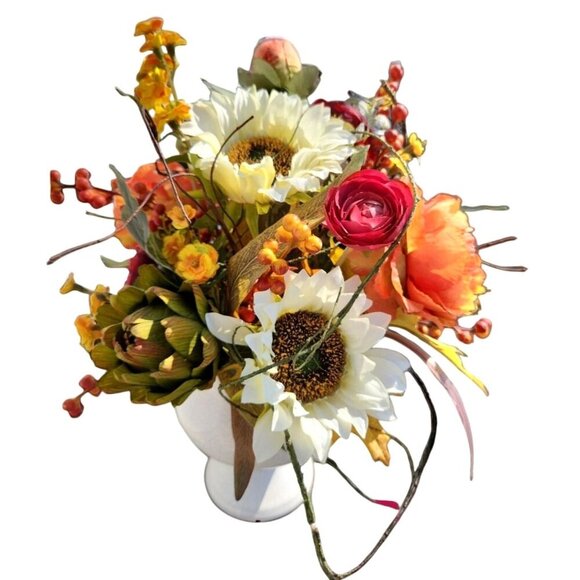Autumn Artificial Floral Centerpiece With Sunflowers & Ranunculus Arrangement Wh - Picture 1 of 9